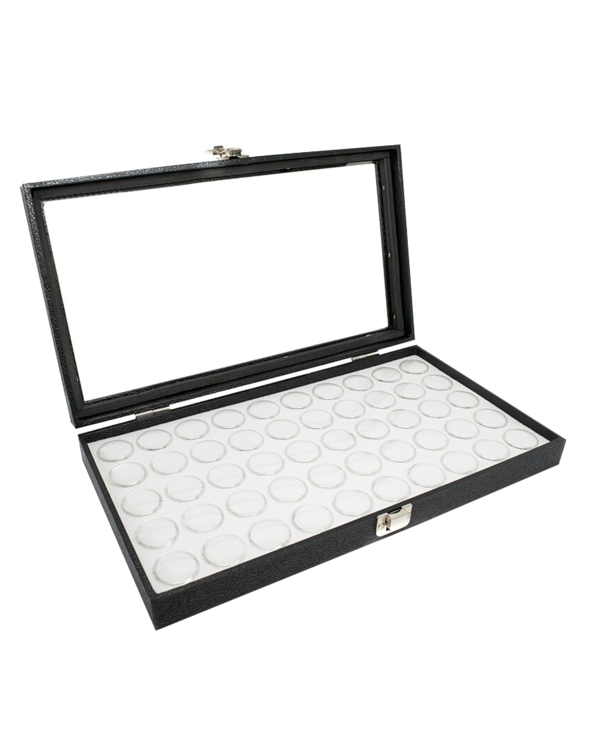 Novel Box Gem Display Case 14.75x8.25x2.1 + Small Size 50 Gems Jars | Fossil Display Case with Lid & White Tray Foam Liner | Rock Storage Box with Metal Clasp | Display Cases for Collectibles