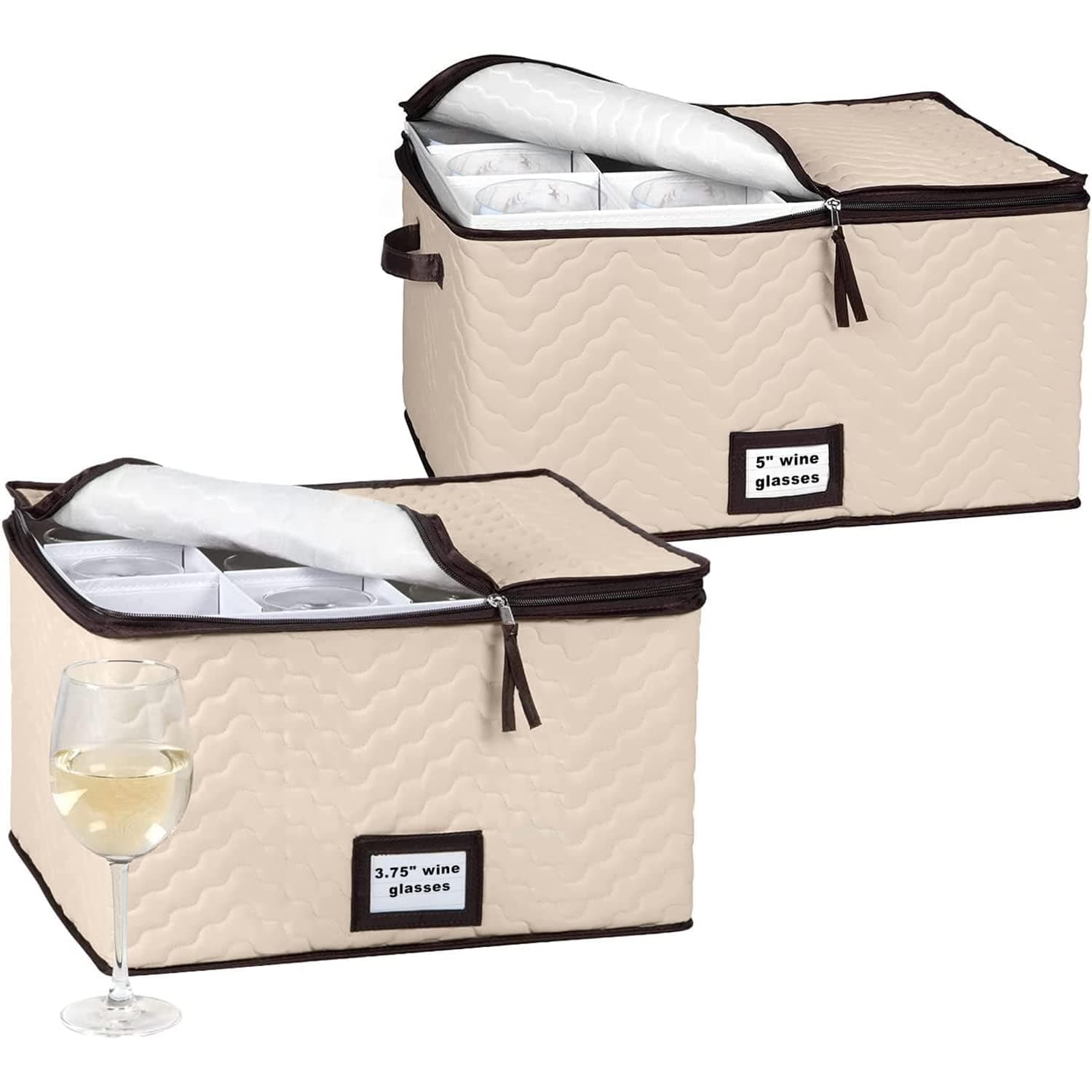 Wine Glass Storage Box with Dividers - Stemware Storage Case, Durable Quilted Microfiber Bin with Carry Handles, Protects Fine China - (2 Pack, Red & White Wine Glass)