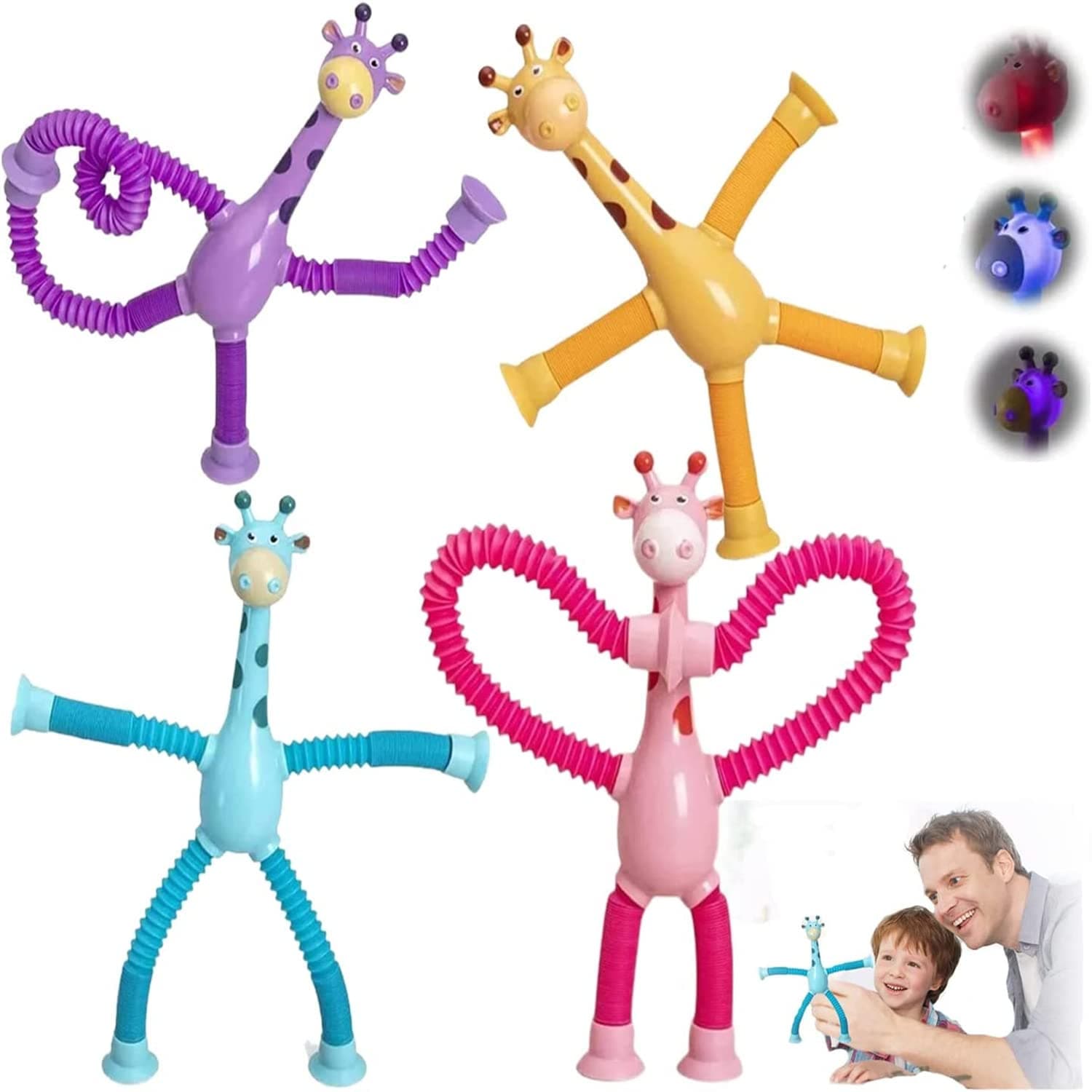 4 Pcs Telescopic Suction Cup Giraffe Toy, Ever-Changing Giraffe Telescopic Tube Suction Cup Toys,Decompress Educational Sensory Toys, Stretch Novel Educational Toys for Kids And Adults (with light)