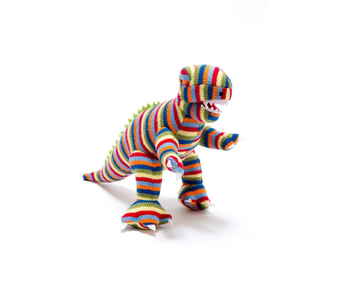 Multi Striped Knitted T Rex Dinosaur Soft Toy. Suitable from Birth