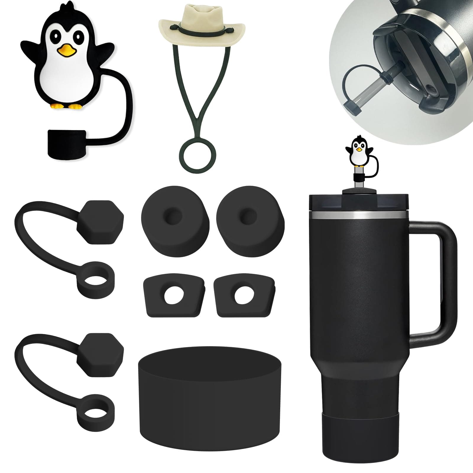 Stanley Cup Accessories Set Including 6 Pcs Silicone Spill Proof Stopper, 2 Pcs Straw Cover Cap for 9-10 mm Straws, 1 Pcs Silicone Boot for Stanley Cup Stanley 40oz & 30oz Tumbler (BLACK)