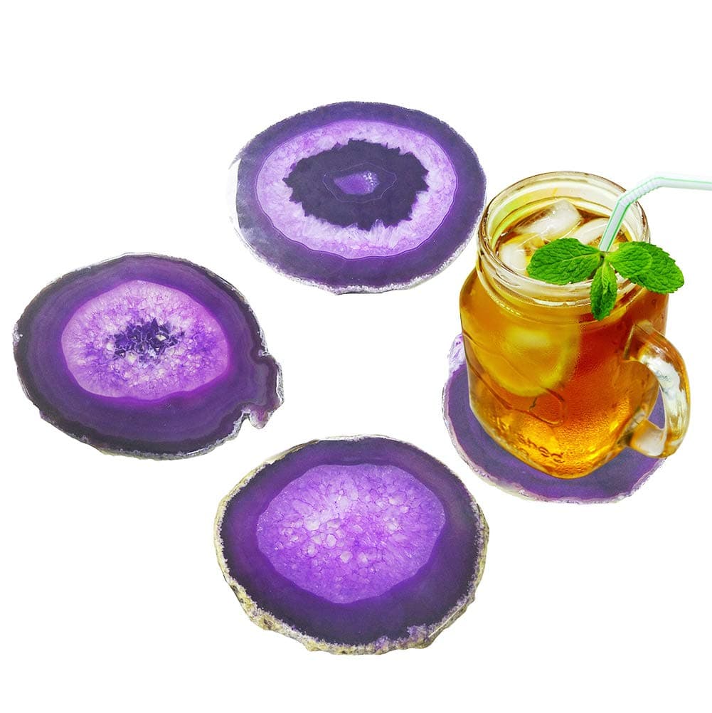 AMOYSTONE Agate Sliece Coaster Crystal Stone Geode Coasters for Drinks Decorative Purple Gifts Non-skid Set of 4, 3-3.5"