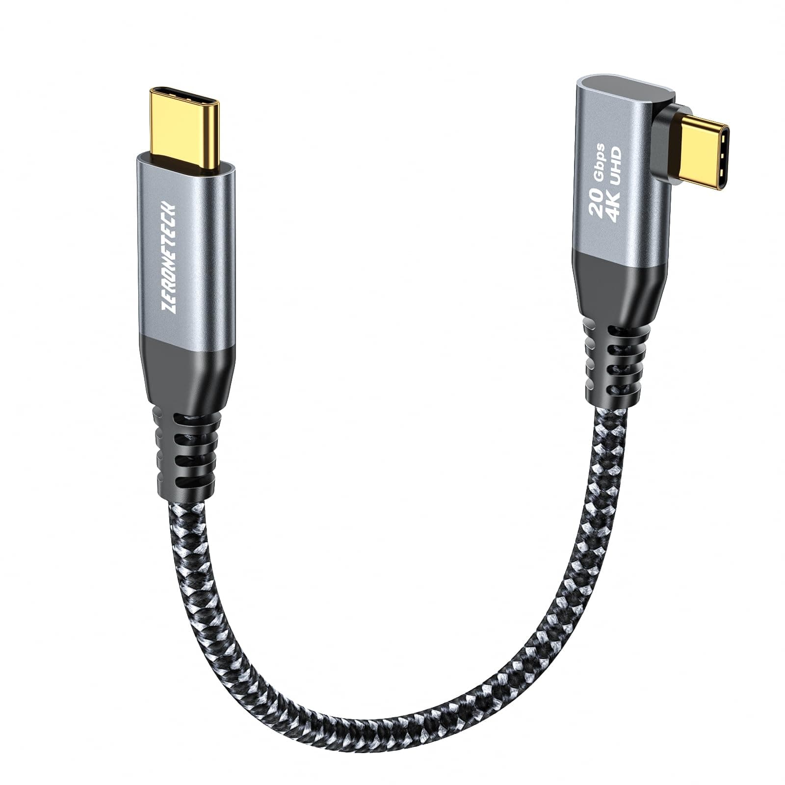 ZeroneTeck 12 inch USB C Cable 1FT, 20Gbps High Speed Data Transfer Short, Right Angle USB C 3.2 Gen 2×2 100W PD Charging, 4K@60Hz Type C Monitor Cable 90 Degree for iPhone16, MacBook, iPad, SSD, KYY