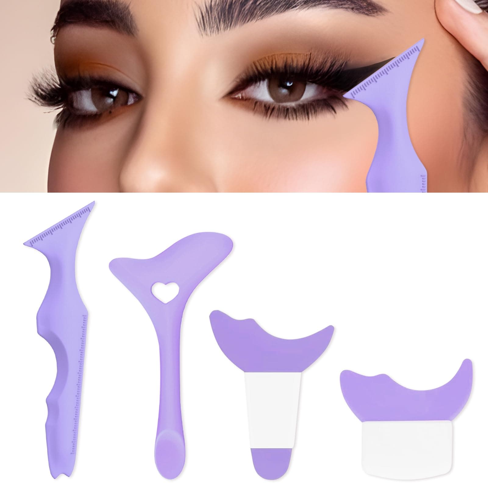 4Pcs Eyeliner Stencils, Silicone Winged Tip, Multifunctional Mascara Shield for Eyeshadow and Eyelashes, Professional &Quick Cat Eye Makeup Tool for Beginners (Purple)