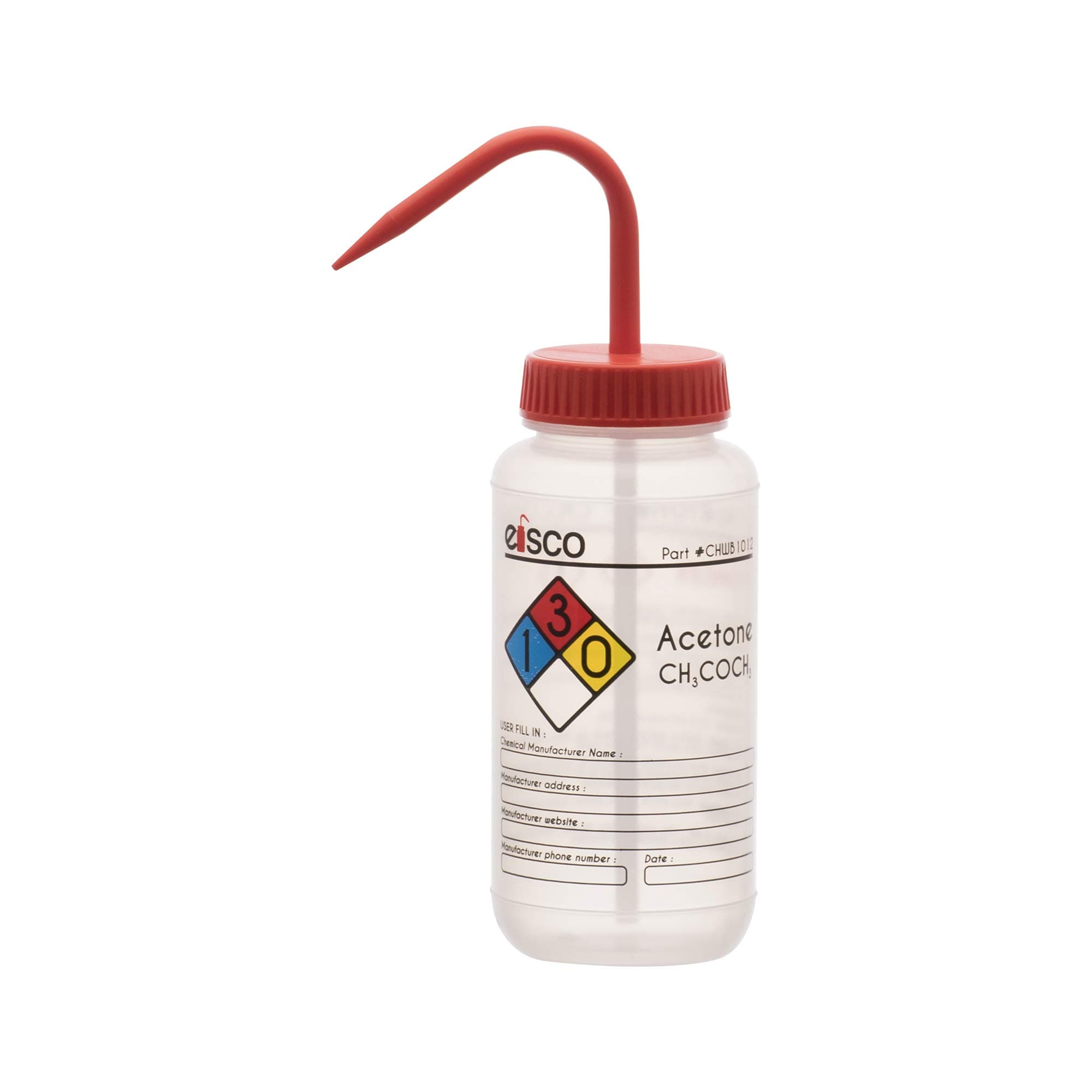 Eisco - 1 Pack Wash Bottle for Acetone, 500ml - Labeled with Color Coded Chemical & Safety Information - Wide Mouth, Self Venting, Low Density Polyethylene