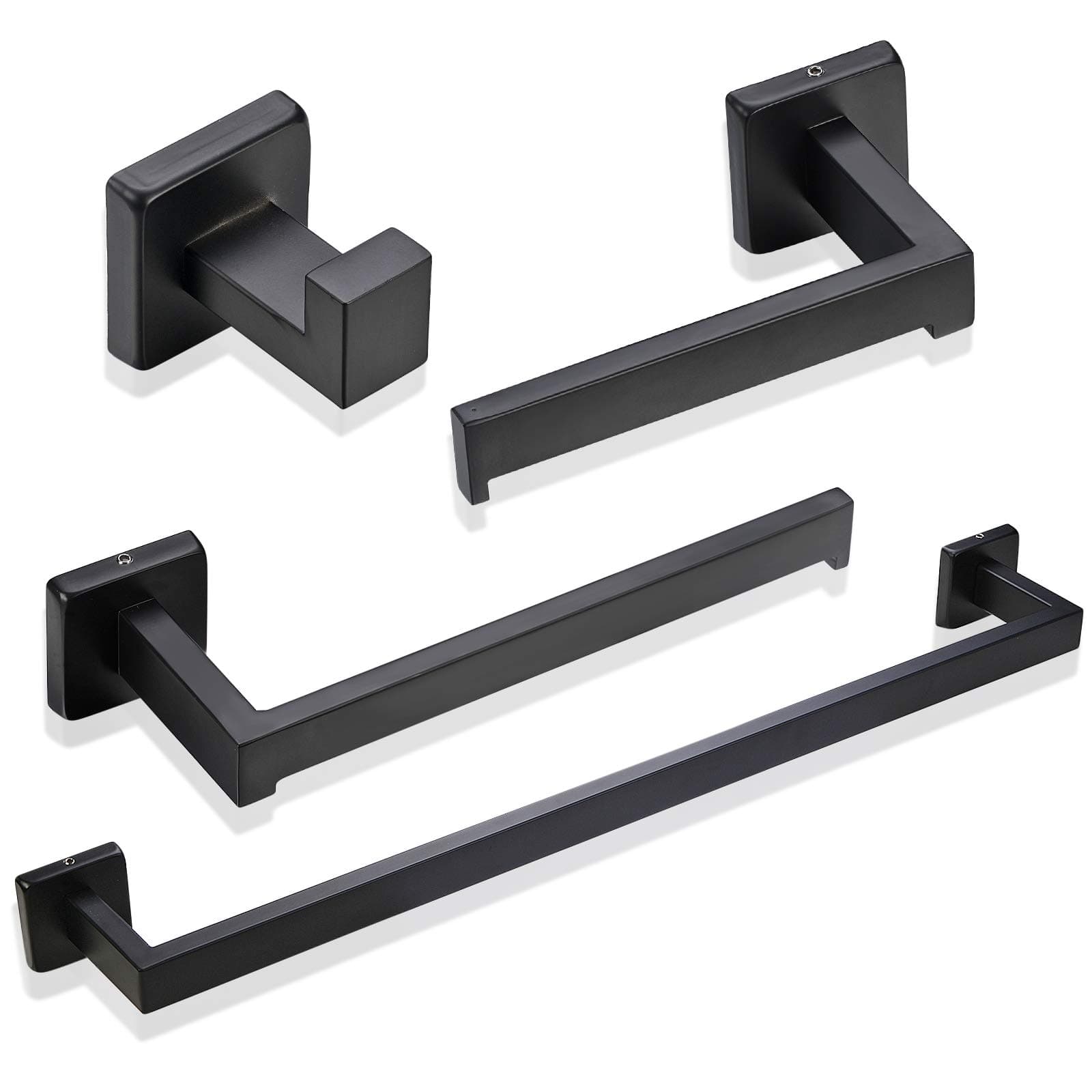 Rustproof 4-Piece Black Bathroom Hardware Set Including Towel Bar Toilet Paper Holder Towel Holder Robe Hook SUS304 Stainless Steel Wall Mount Contemporary Square Style Accessory,(Matte Black)
