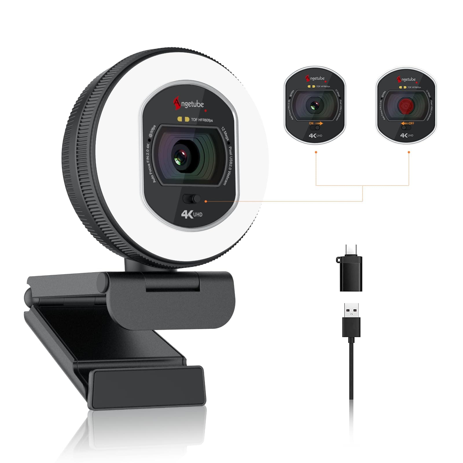 Angetube Webcam 4K with Light - Streaming Camera for PC with Dual AI Noise Cancelling Microphone, Auto Focus and Built-in Privacy Protection. USB 1080P 60FPS Webcam for Laptop and Mac