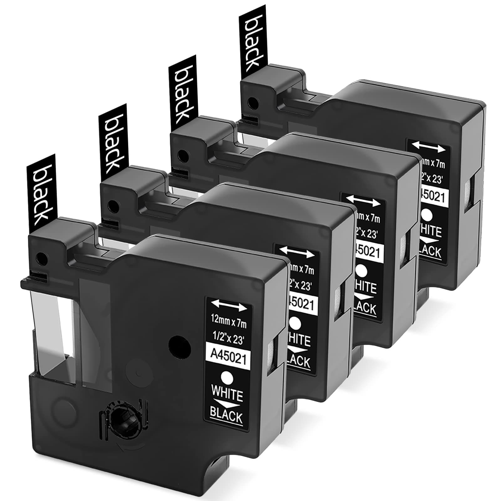 LabelKINGDOM Replace for Dymo D1 45021 White on Black Standard Label Tape Refills, 1/2 Inch W x 23 Feet L, S0720610 for LabelManager 210D 280 160 450D Label Maker (4 Pack)