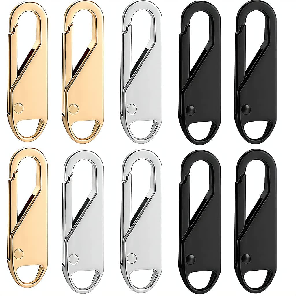 Zipper Pull Replacement, Detachable Zipper Pull Tabs for Luggage Clothing Jackets Backpacks Boots Purse Coat, Zipper Repair Kit Zipper Slider Pull Tab Metal Zipper Head, 10 Pcs (Silver, Black, Gold)