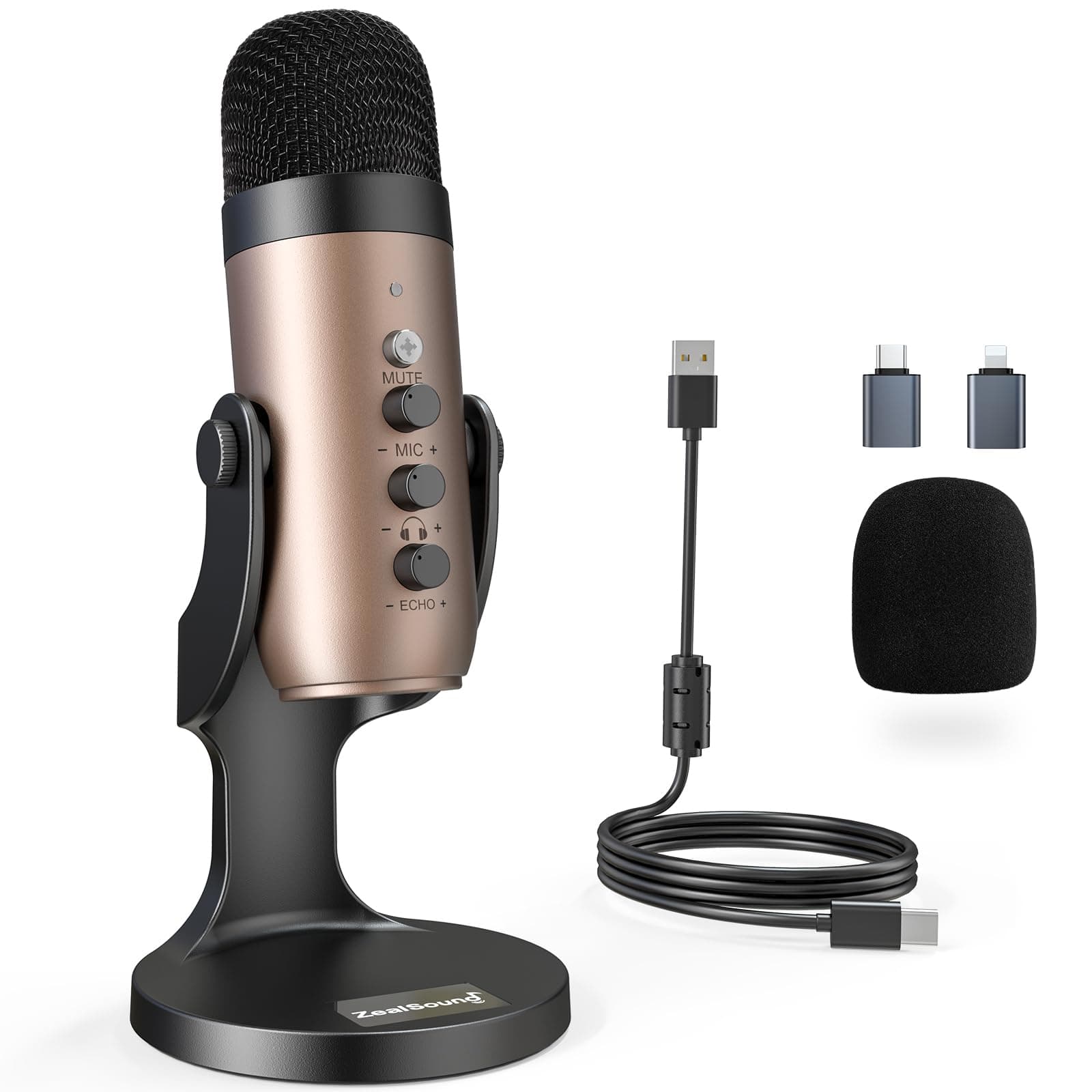 ZealSound USB Microphone,Condenser Computer PC Mic,Plug&Play Gaming Microphones for PS 4&5.Headphone Output&Volume Control,Mic Gain Control,Mute Button for Vocal,YouTube Podcast on Mac&Windows(Gold)