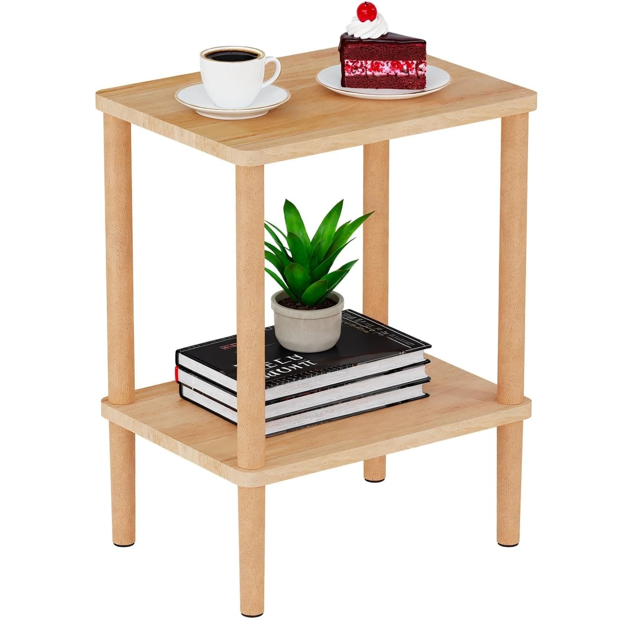 LUCKNOCK Solid Wood Side Table, 2-Tier Small End Table with Storage Shelf, Narrow Nightstand Bedside Table for Small Spaces, Bedroom, Living Room, Farmhouse, No-Tool Assembly.