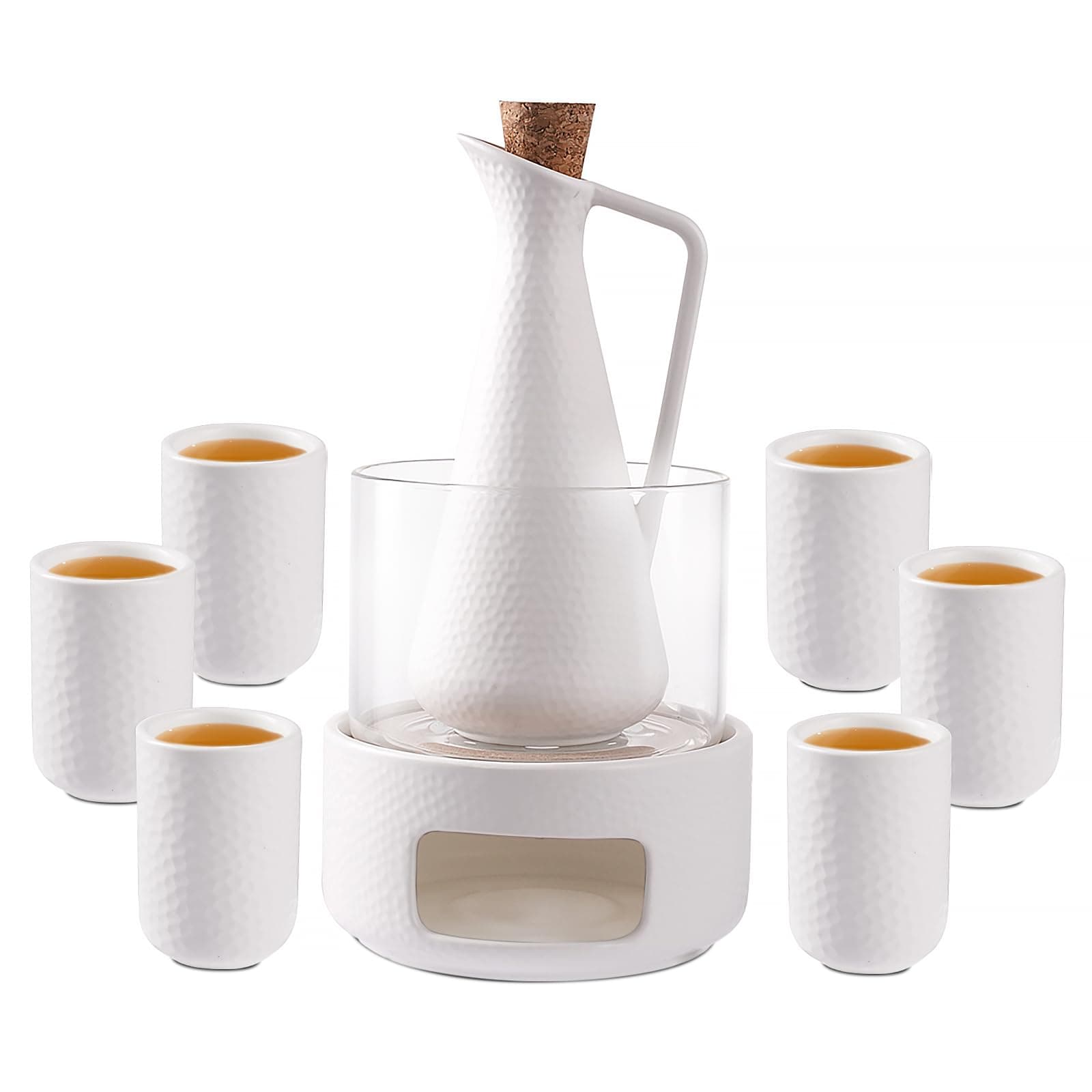ZENS Sake Set with Warmer, 12 Ounce Embossed Ceramic Sake Bottle 6 Sake Cups and Glass Pot for Hot or Cold Japanese Sake, Sake Carafe Gift Sets with Cotton Towel