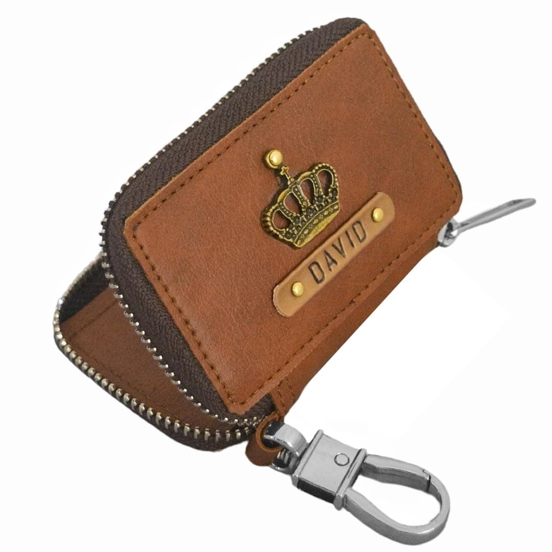 The Bling Stores Personalized/Customized Leather Car Key Chain, Car Key Case, Smart Key Holder Protection, Coin Holder, Auto Remote Keyring, (Brown)
