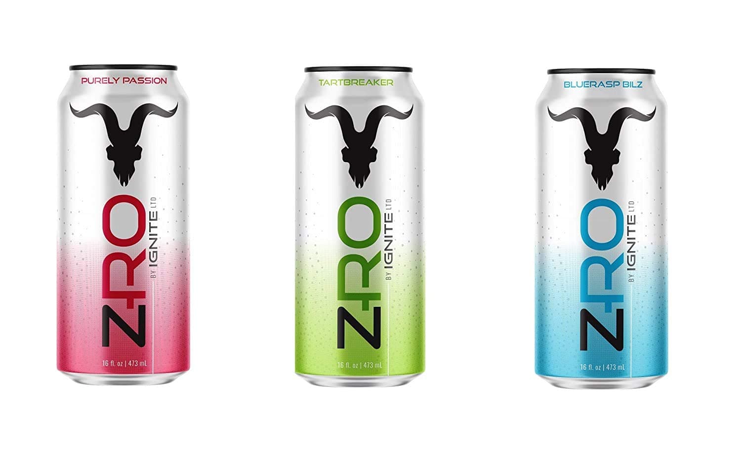 ZRO Energy Drink by Ignite | Focus, Mood, & Performance | Zero Sugar, Calories, & Artificial Colors | Alpha-GPC, Natural Caffeine, L-Tyrosine | 12Pk/16 Fl Oz - Tart Breaker Bluerasp Passion Variety