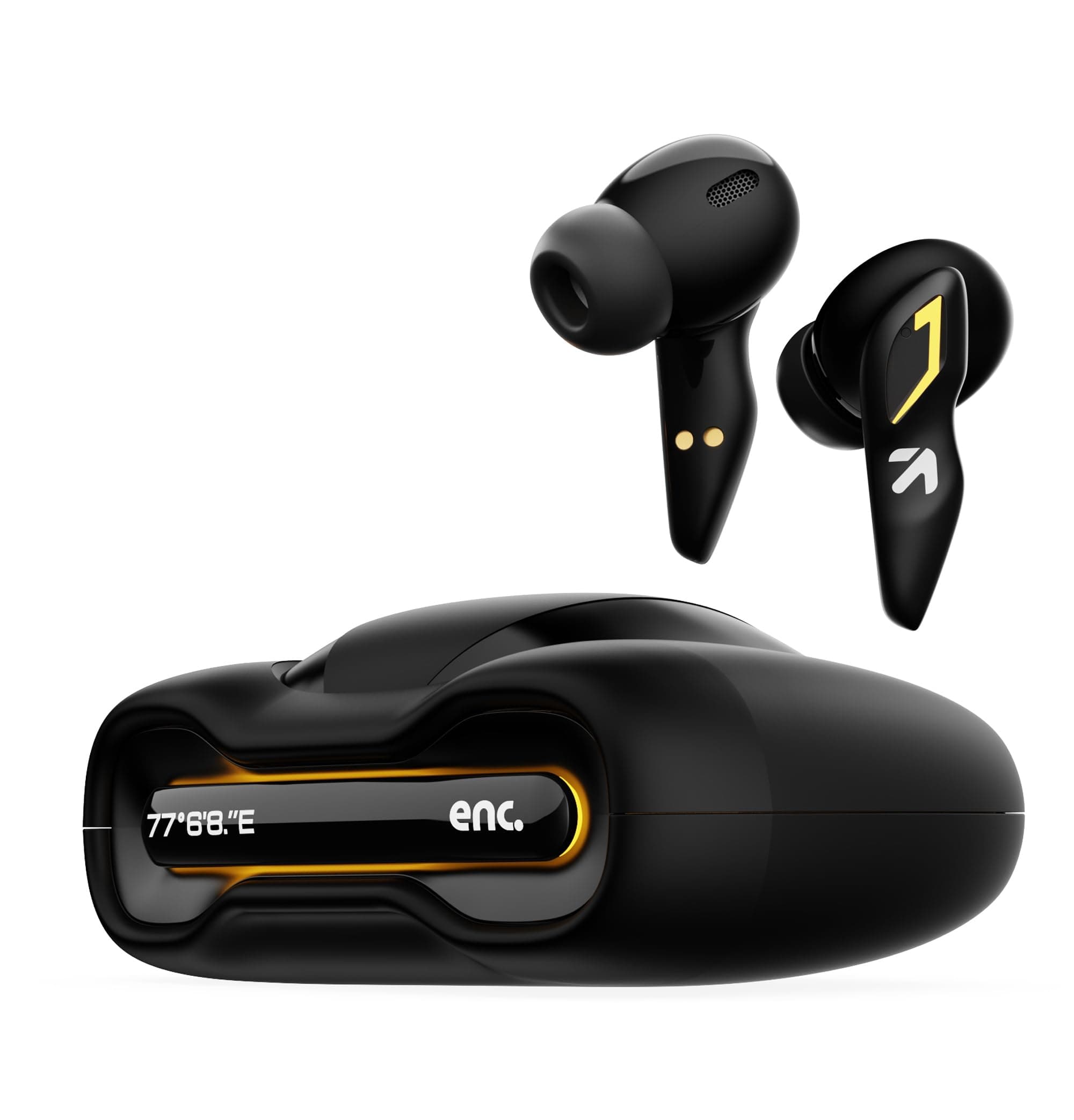 GOBOULT UFO with 48H Playtime, Built-in App Support, 45ms Low Latency Gaming, 4 Mics ENC, Breathing LEDs, 13mm Bass Drivers Ear Buds TWS, Made in India (Black Gloss)