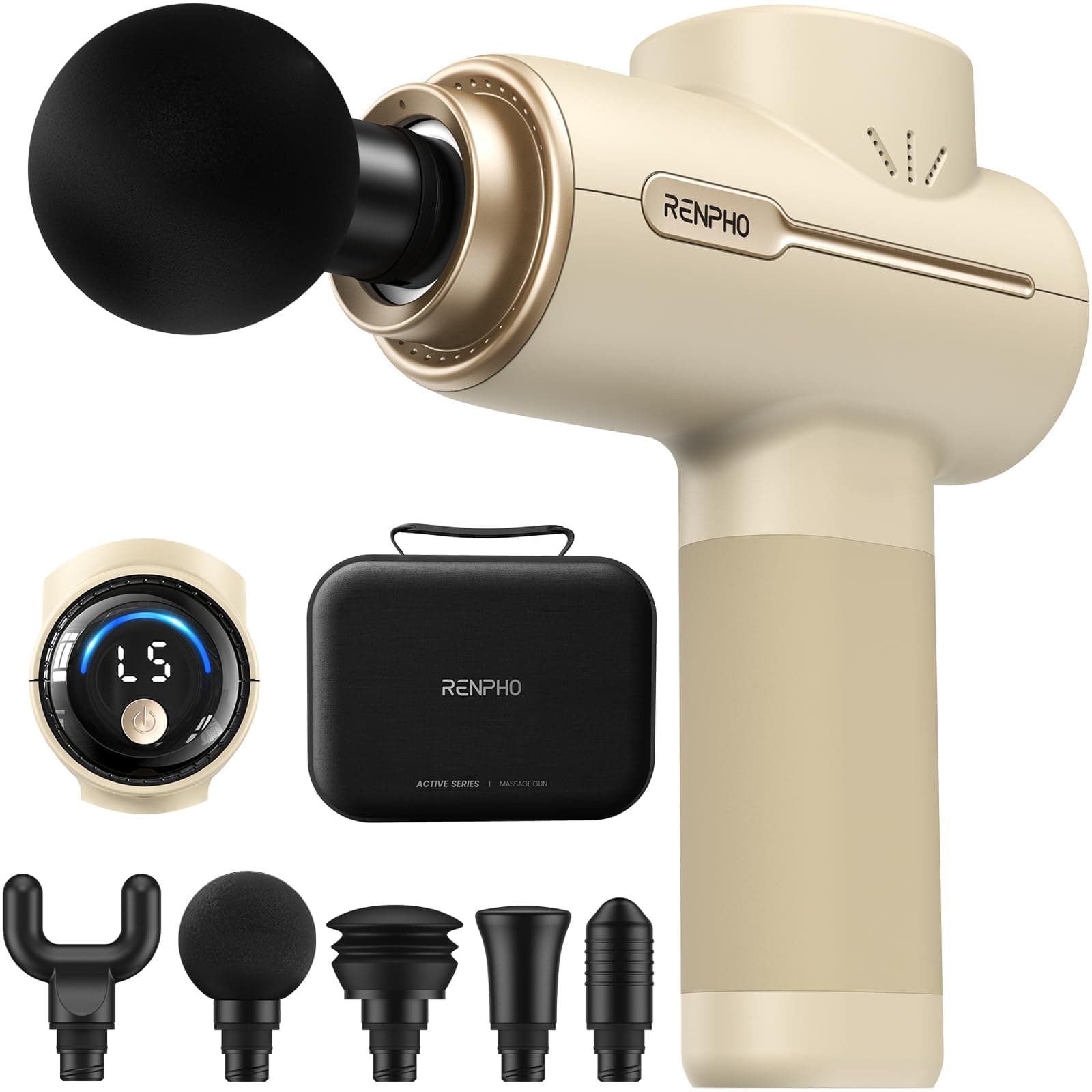 RENPHO Active Massage Gun, Deep Tissue Percussion Back Massager for Neck, FSA Approved, Portable Handheld Massager with 5 Speeds, HSA, 5 Attachments, Carry Case, Beige