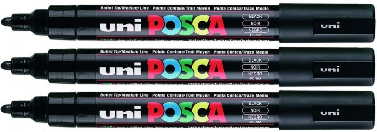 Uni Posca PC-5M Black Colour Paint Marker Pens 2.5mm Medium Bullet Tip Nib Writes On Any Surface Glass Metal Wood Plastic Fabric (Pack Of 3)