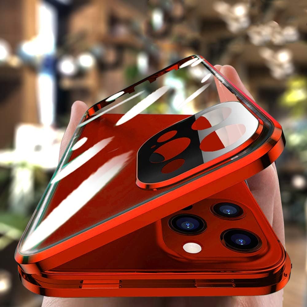 HENGHUI Full Cover Compatible iPhone 14 Plus Case, Camera Protection, Aluminum Bumper, Glass Film with Lock, Magnetic Type, for iPhone 14 Plus, Glass Case, Double-Sided Glass, Full Cover, Transparent