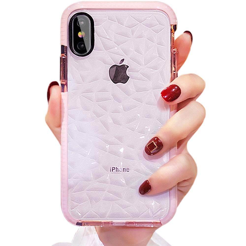 ANOLE Compatible for iPhone Xs Max Case, Clear Slim TPU 3D Diamond Pattern Pink