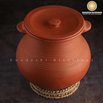 Swadeshi Blessings Handmade Exclusive Range Unglazed Clay HotCase/Earthen Pot for Cooking & Serving with Lid(Natural Firing Shade & Mirror Shine) (Combo 2&3 litres)