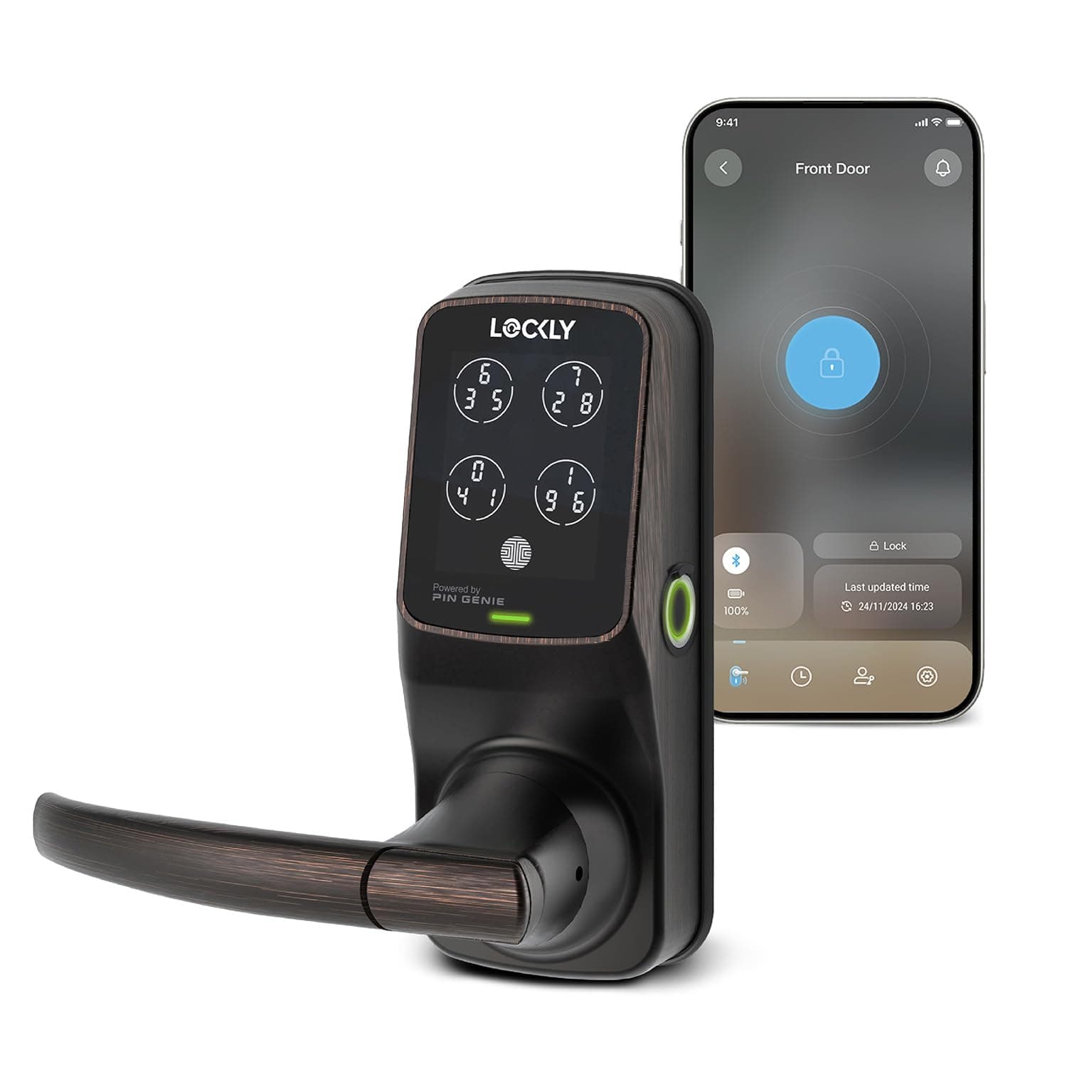 Secure Plus Bluetooth Smart Door Lock, Keyless Entry with PIN Genie® Digital Keypad, 3D Biometric Fingerprint Sensor Front Door Lock with Handle, Voice Control & Auto Lock - Latch Edition