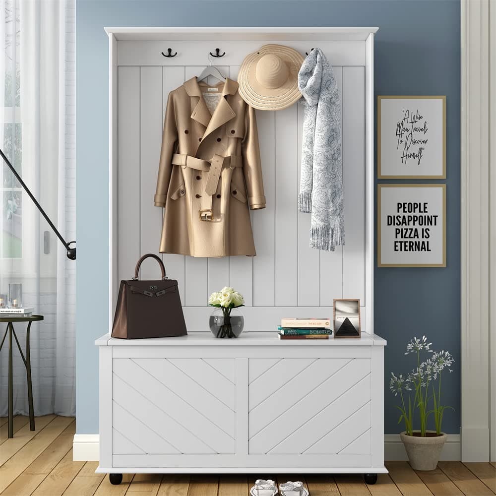 Modern Hall Tree with 4 Hooks, Wood 3-in-1 Design Entryway Bench Storage Bench with Coat Hanger, Multiple Functions Hall Tree for Entrance, Hallway, Bedroom, Living Room and Office, White