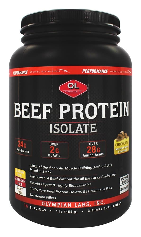 Olympian Labs Beef Protein Isolate Powder, 24g Protein, BST Free, 2 Grams BCAA's, Muscle Building Amino Acids, 1 Pound, Flavored with Real Chocolate