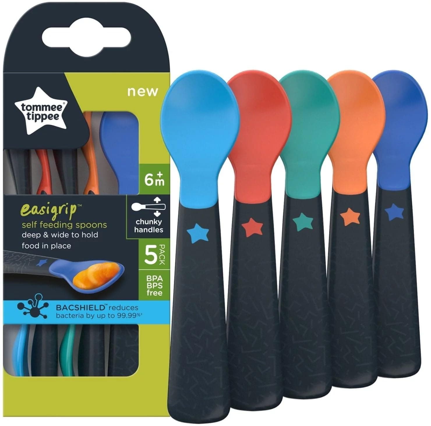 Tommee Tippee Easigrip Spoons 5-Pack - Chunky Handles, Wide Base - Self-Feeding Utensils for 4M+ Babies