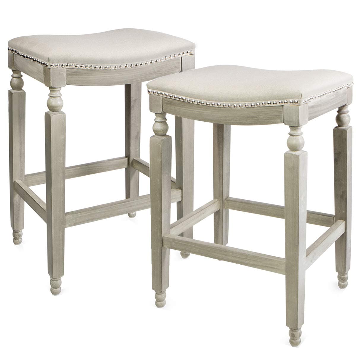Barton Set of 2 Bar Stools Beige 28.5" Saddle Backless Premium Padded Indoor/Outdoor Nailhead Cushion Kitchen Counter Chairs Pub Seat Foot Rest