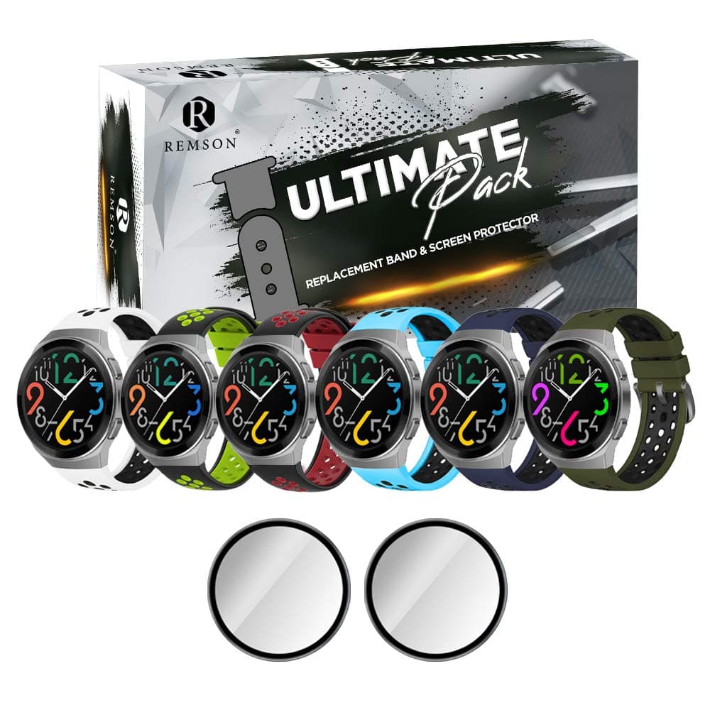 REMSONUltimate Pack of 8, Silicone Strap Band with Screen Protector For Huawei Watch GT2e, Replacement Band and TPU Screen Protector (C3)