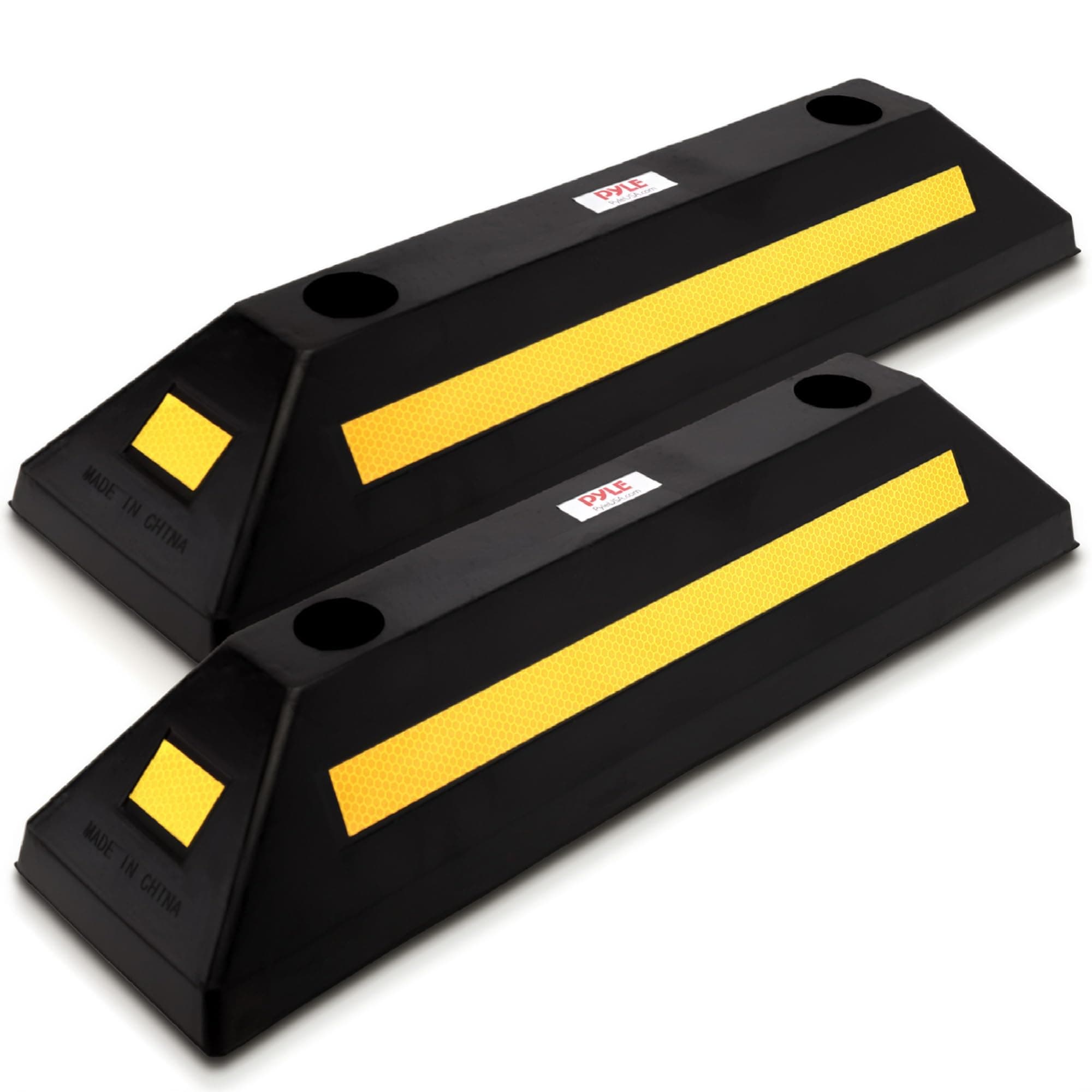 Pyle 2-Pack Heavy Duty Rubber Wheel Stops for Garage Parking – Durable, High-Visibility Tire Blocks for Cars, Trucks, Vans, RVs, Trailers, Forklifts – Reflective Safety Strip Included