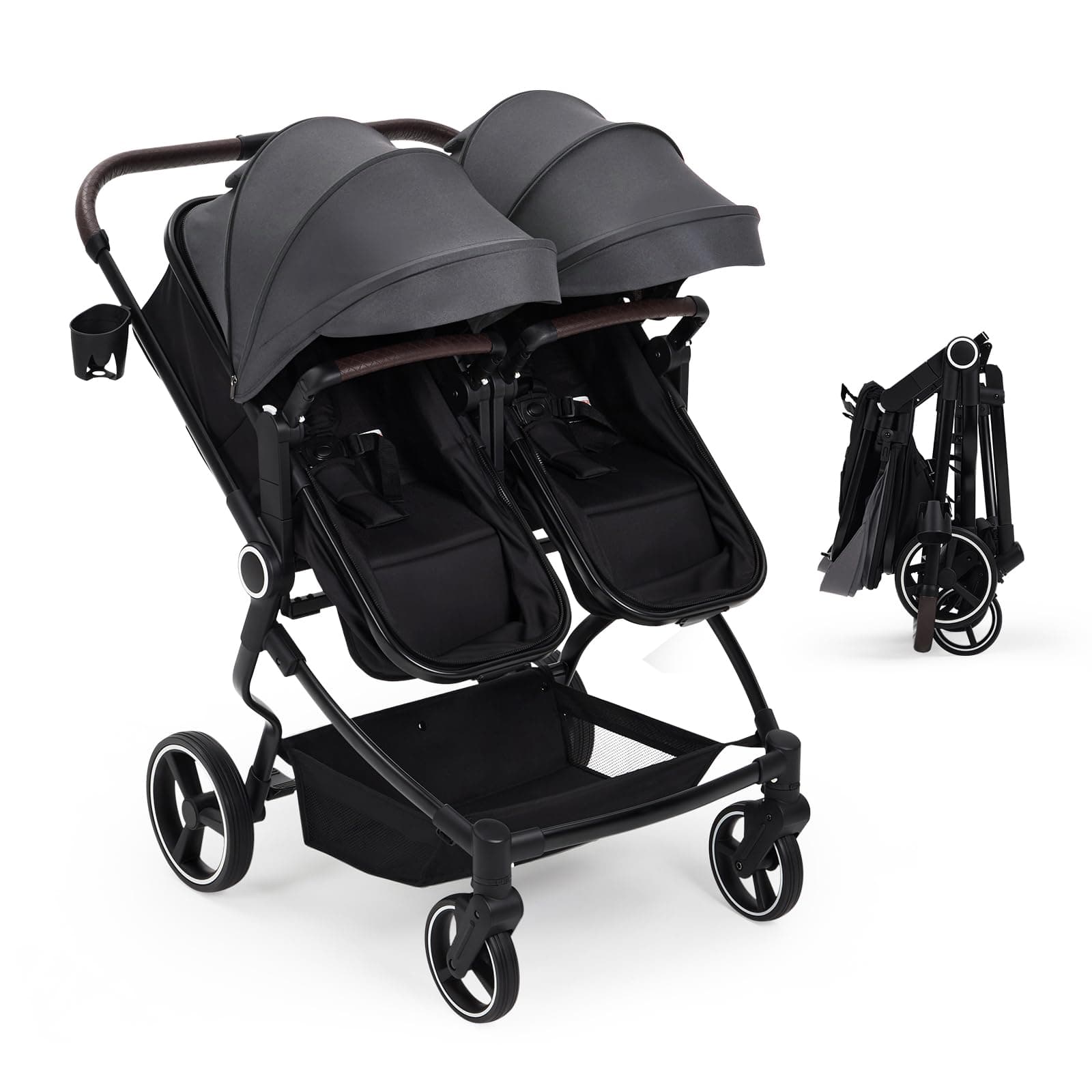 GarveeLife Side by Side Double Stroller for Twins, Lightweight Compact Foldable Baby Travel Stroller with High Landscape Seat, Adjustable Canopy & Recline for Infant and Toddler, Dark Grey