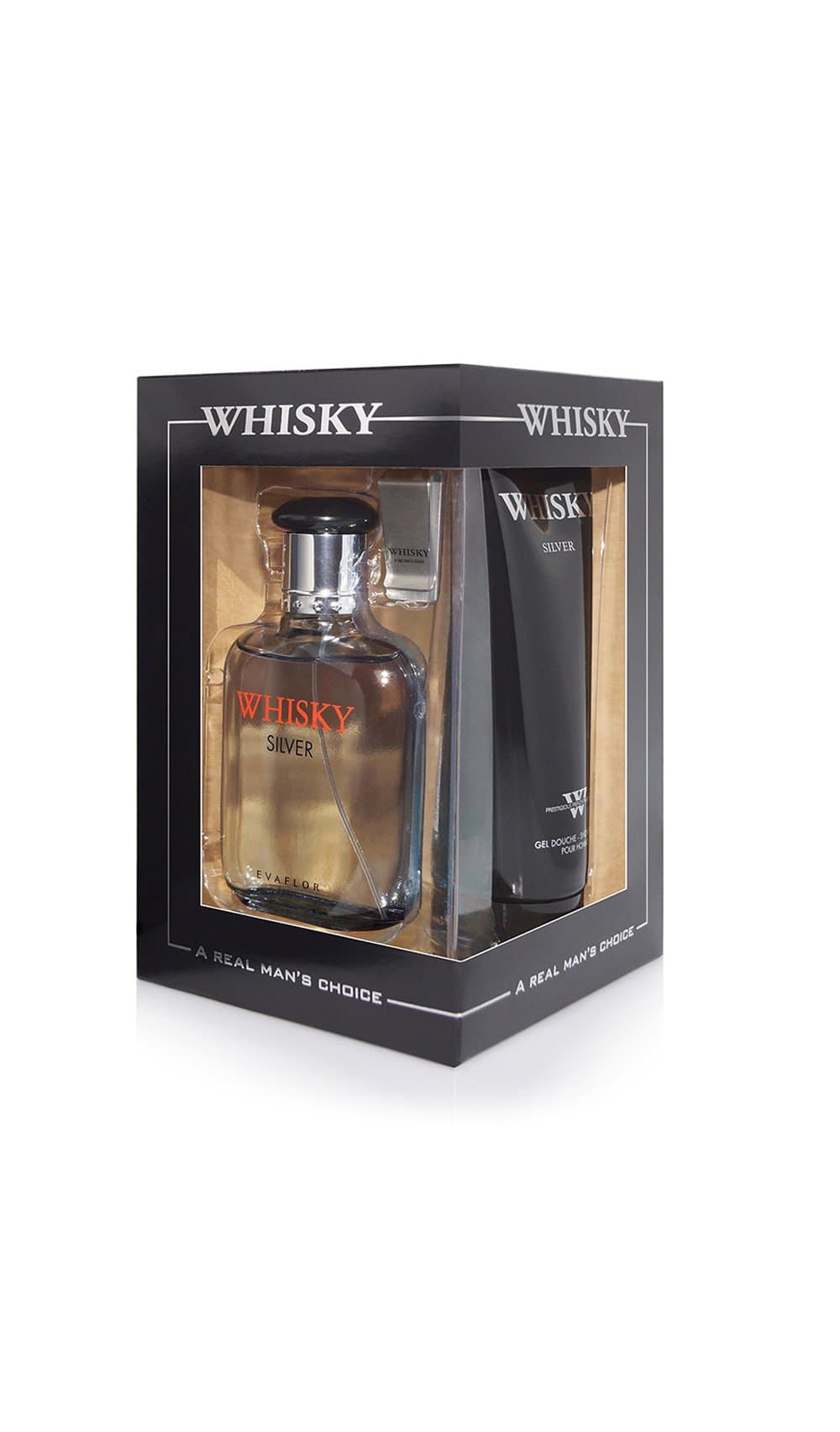 WHISKY SILVER • Gift Box • Set • Eau de Toilette 100 ml • Men perfume • Natural Spray • Shower Gel • Money Clip • EVAFLORPARIS