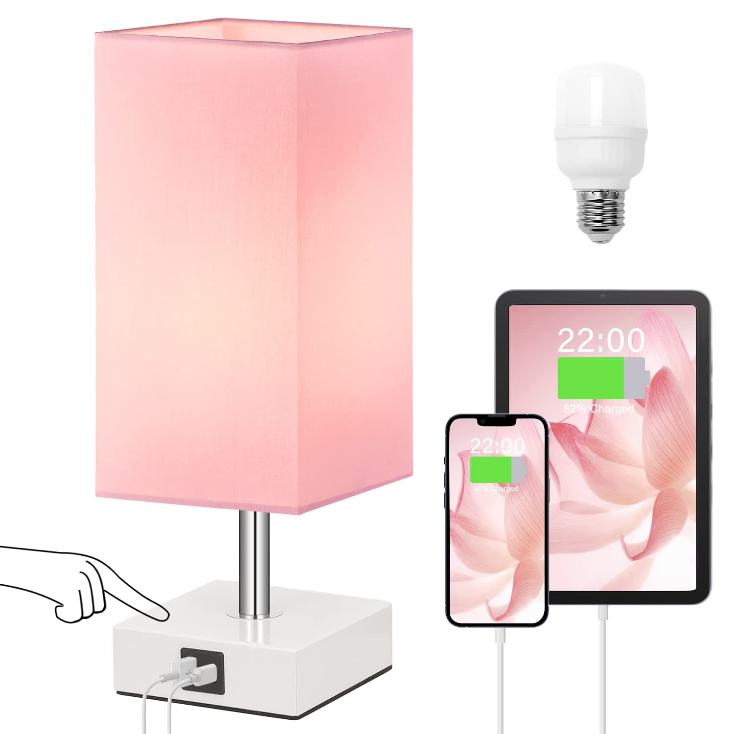 Ambimall Touch Control Table Lamp with 2 USB Charging Ports, 3-Way Touch Lamps Beside Desk, Bedside Table Lamp for Bedrooms Living Room, Pink Shade with