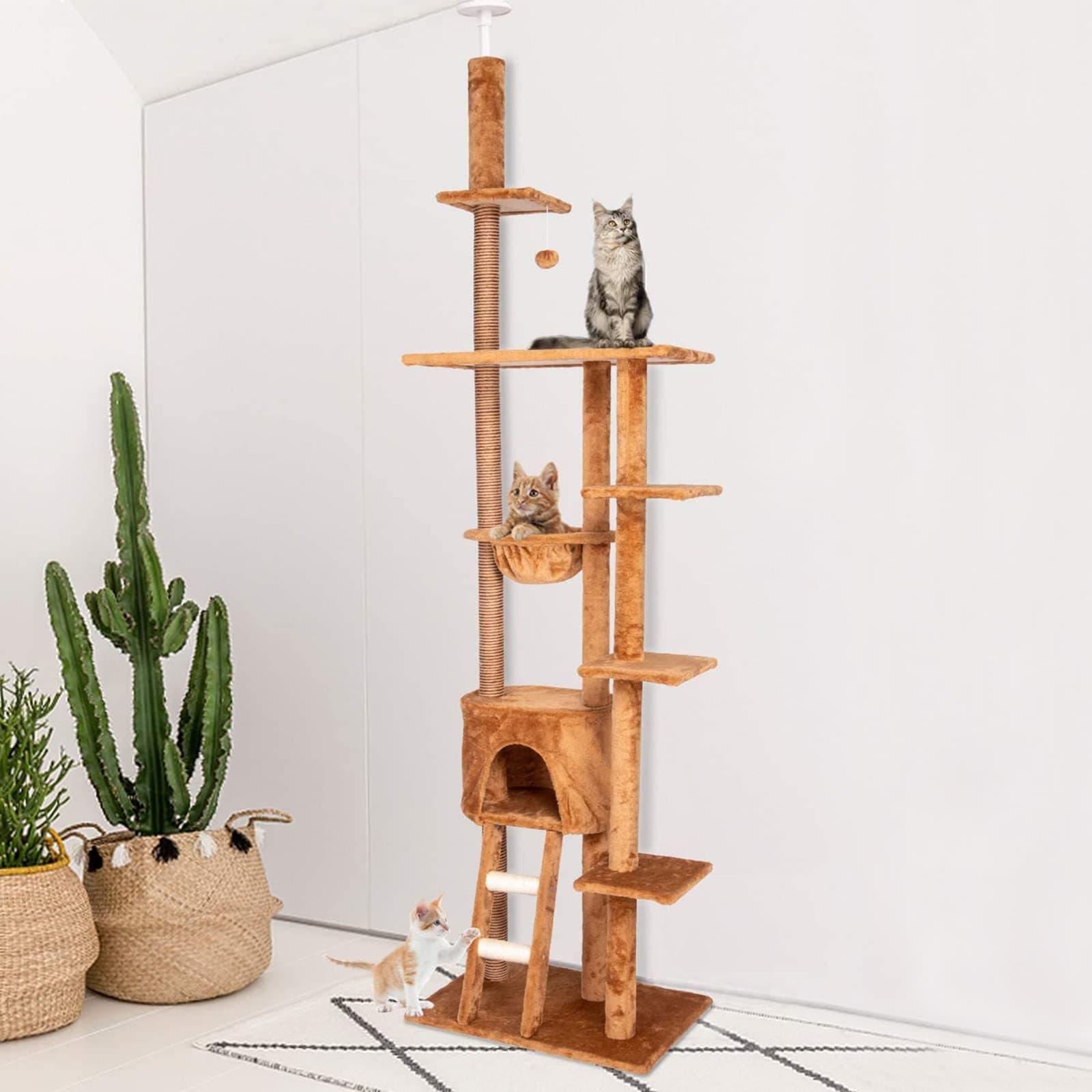 Kintness 98”-116’’ Large Cat Tree Condo Multi-Level Kitten Tower Wooden Cat Play House Furniture w/ Scratching Post & Ladder & Hanging Basket Brown
