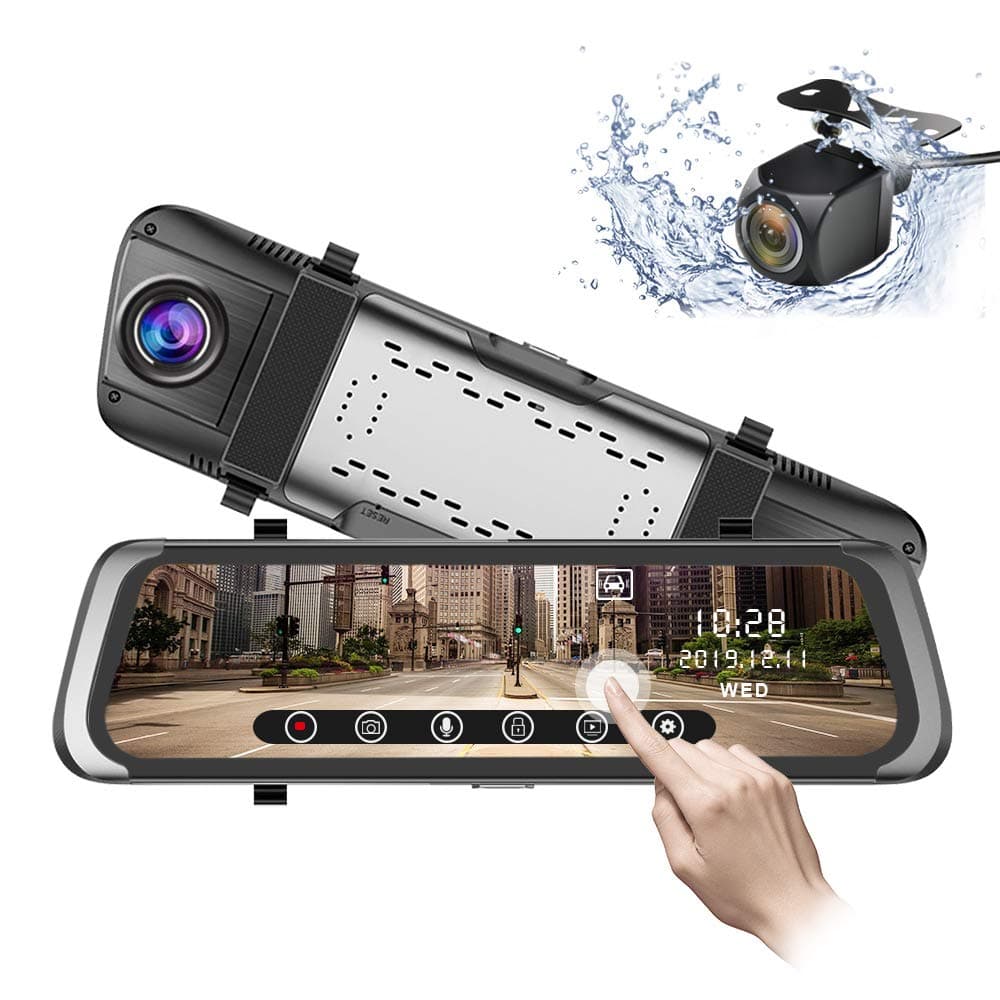 Mirror Dash Cam 10 inch 1080P Full Touch Screen Stream Media Front Rear Dual Lens Dashboard Recorder Waterproof Reversing Camera