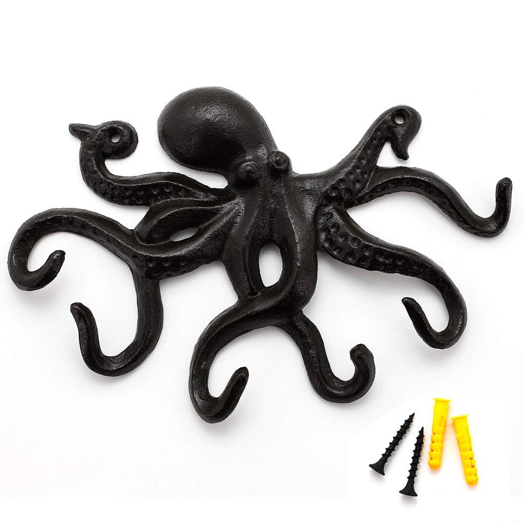 Chas Bete Cast Iron Vintage Wall Hooks, Rustic Coat Hooks, Octopus Wall Hooks, Black with 6 Tentacles