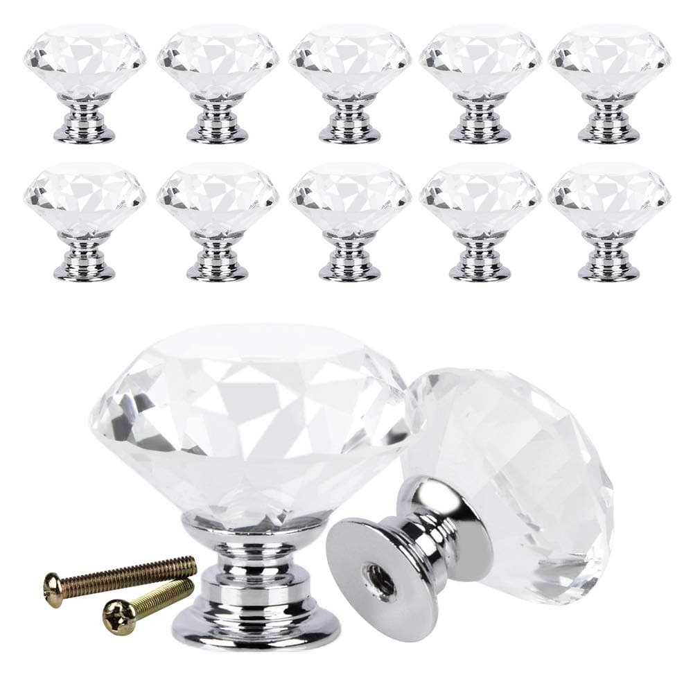 10pcs Diamond Shape Crystal Glass 30mm Drawer Knob Pull Handle Usd for Cabinet, Drawer