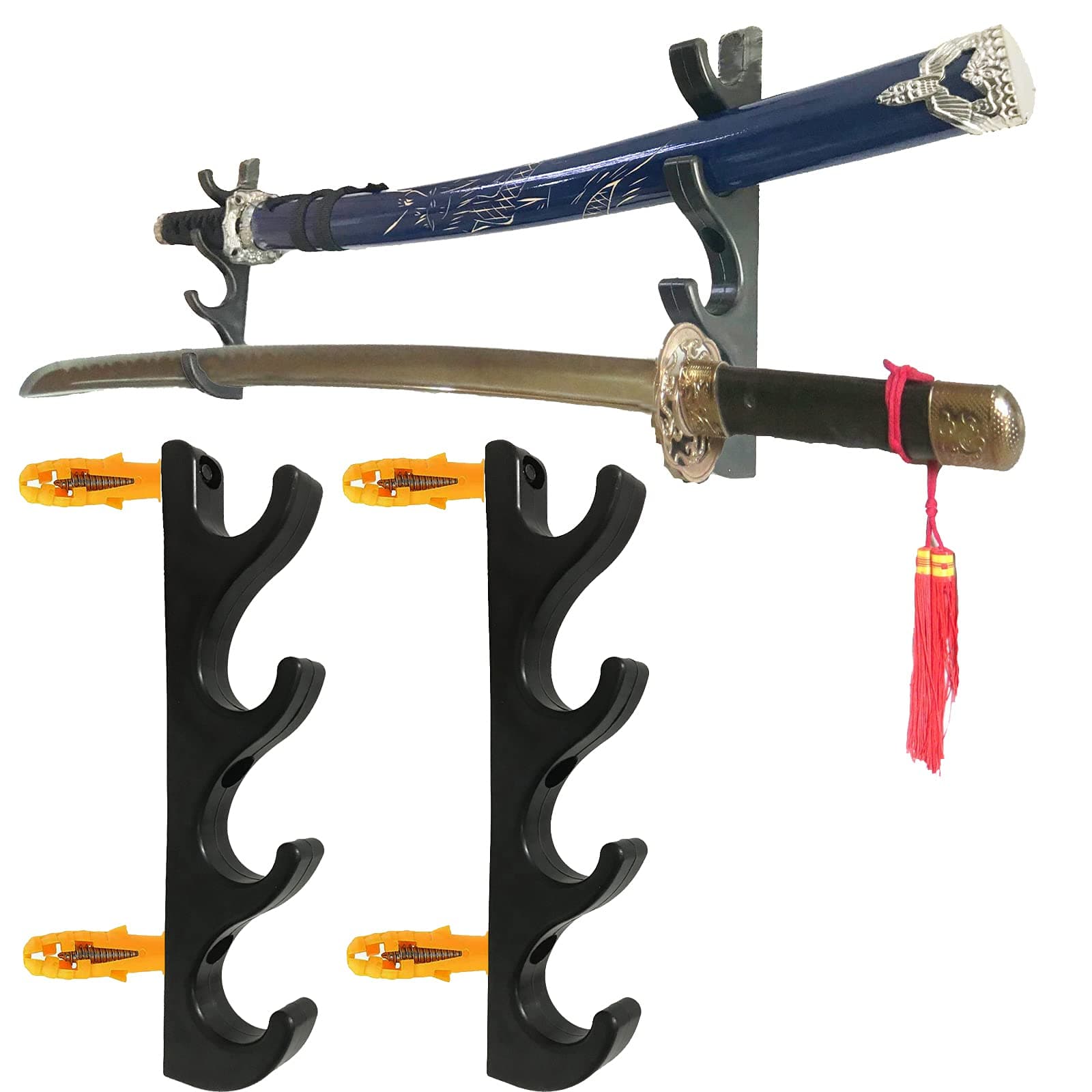 Pmsanzay Four-Layer Wall-Mounted Sword Stand Display - Holder, Hook, Hanger Bracket Rack - Easy to Install - No Sword - 2 Pack