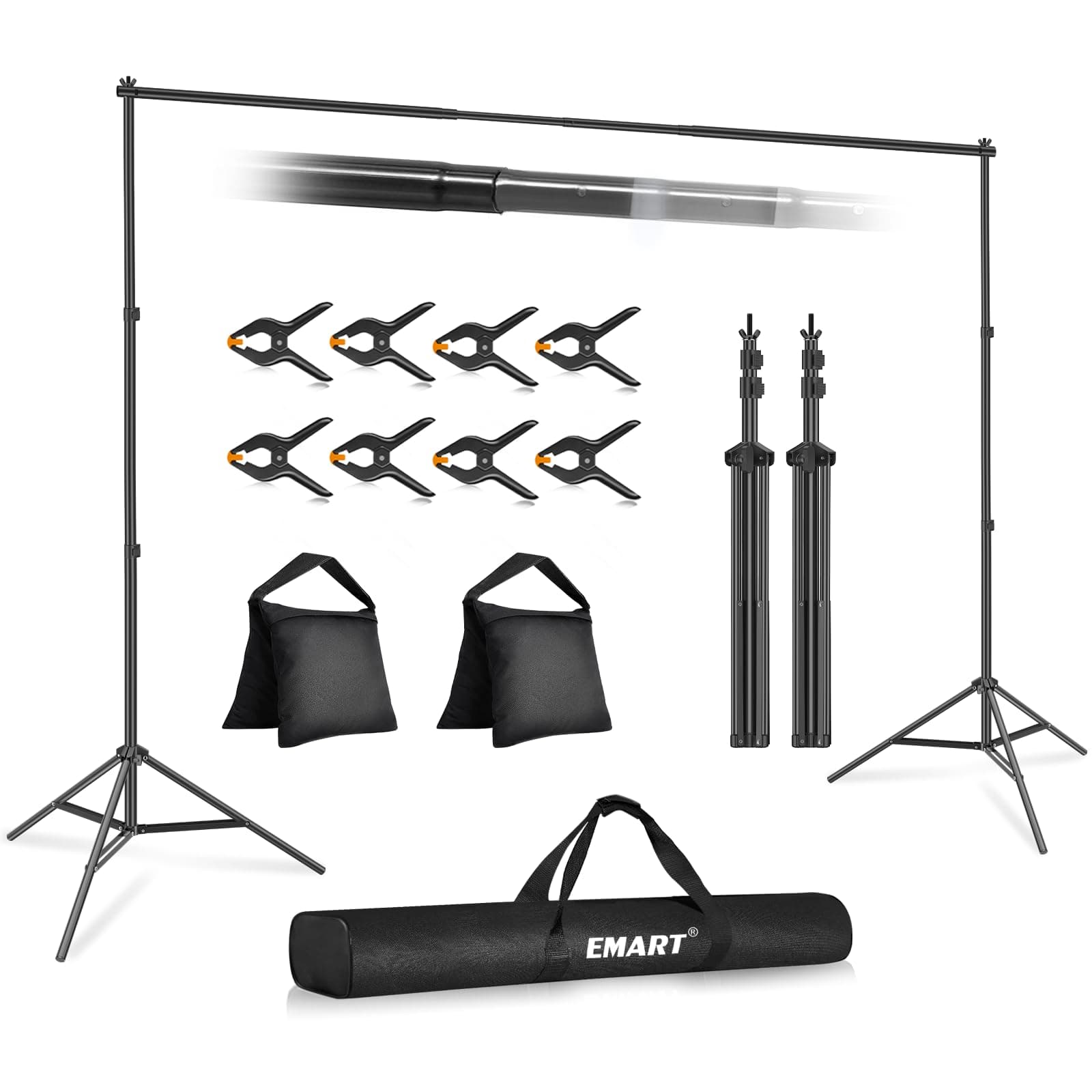 Backdrop Stand, 10x7ft/3x2m Adjustable Background Support Kit with 2 Crossbars, 8 Clamps, 2 Sandbags and Carrying Bag for Photo Video Studio Parties Events Decoration -Black