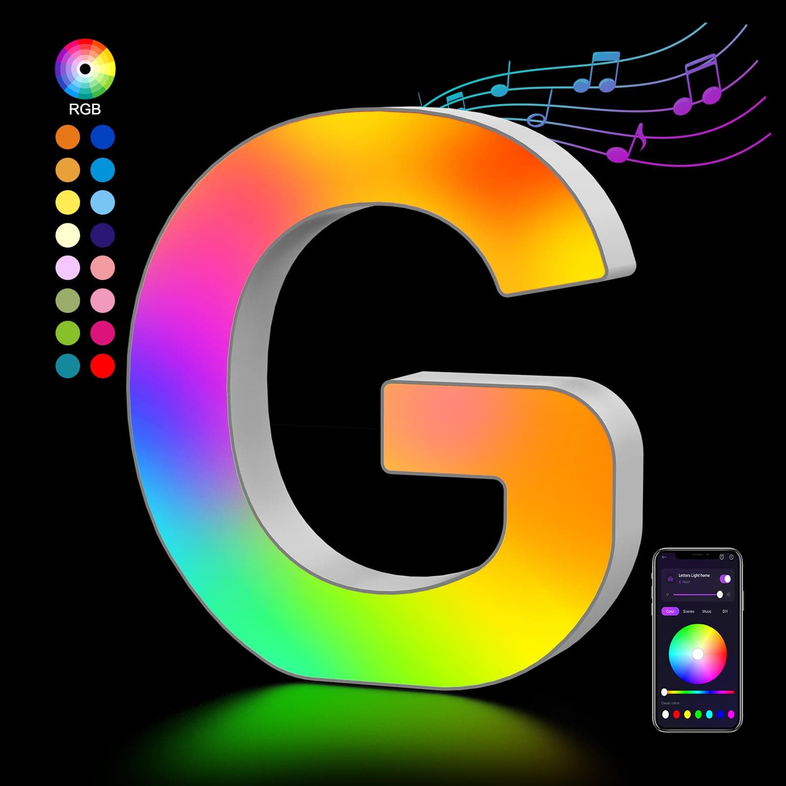 Light Up Letters USB Powered, LED Letter Lights Color Changing Alphabet Sign Gifts for Girls Women Party Birthday Decorations, APP Control, Night Light Christmas Valentine Wall Table Decor - G