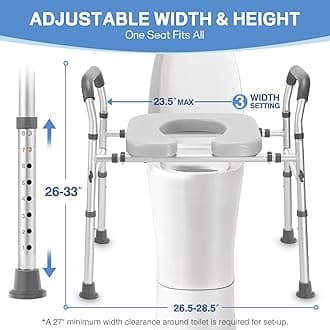 Raised Toilet Seat with Handles, Heavy Duty 500lb Toilet Seat Risers for Seniors, Extra Support Bars for Soft Padded Seat, Adjustable Width&Height Toilet Seat Riser for Disabled-Gray