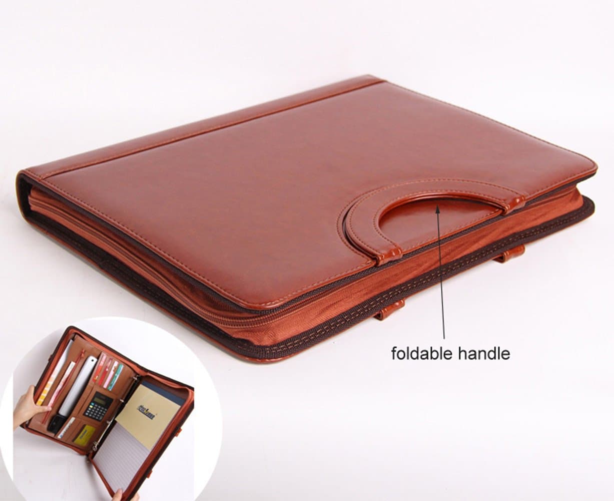 Large Leather Zipper Business Office File Padfolio A4 Folder with Handle Spring Binder Calculator