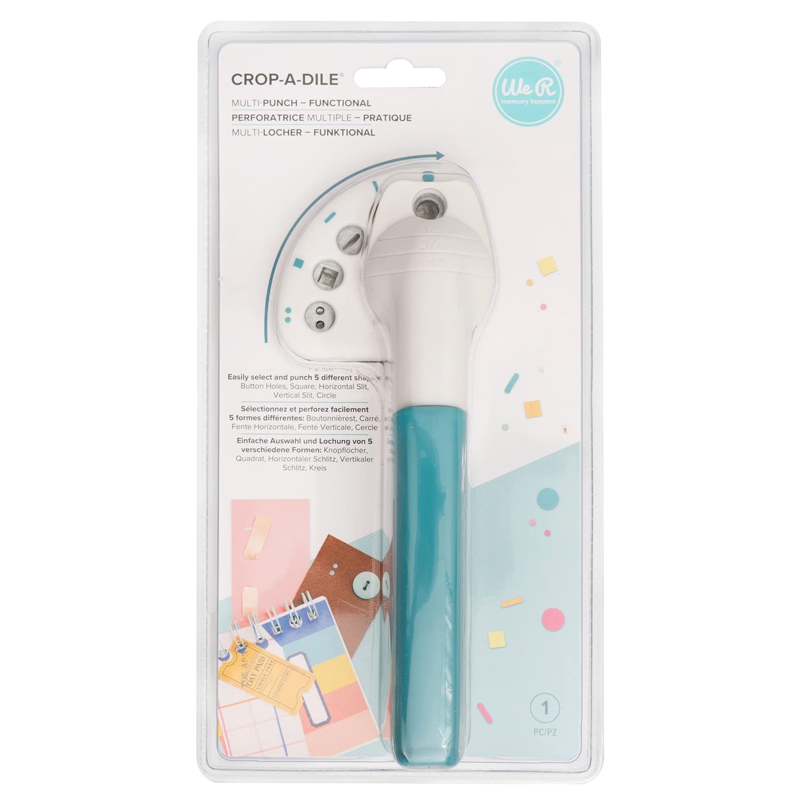 We R Memory Keepers Crop-A-Dile Power Multi Hole Punch, 5 Different Shapes, Button, Square, Horizontal Slit, Vertical Slit, Circle, for Paper Cardstock, Chipboard, Fabric, Thin Tin, Leather, Plastic