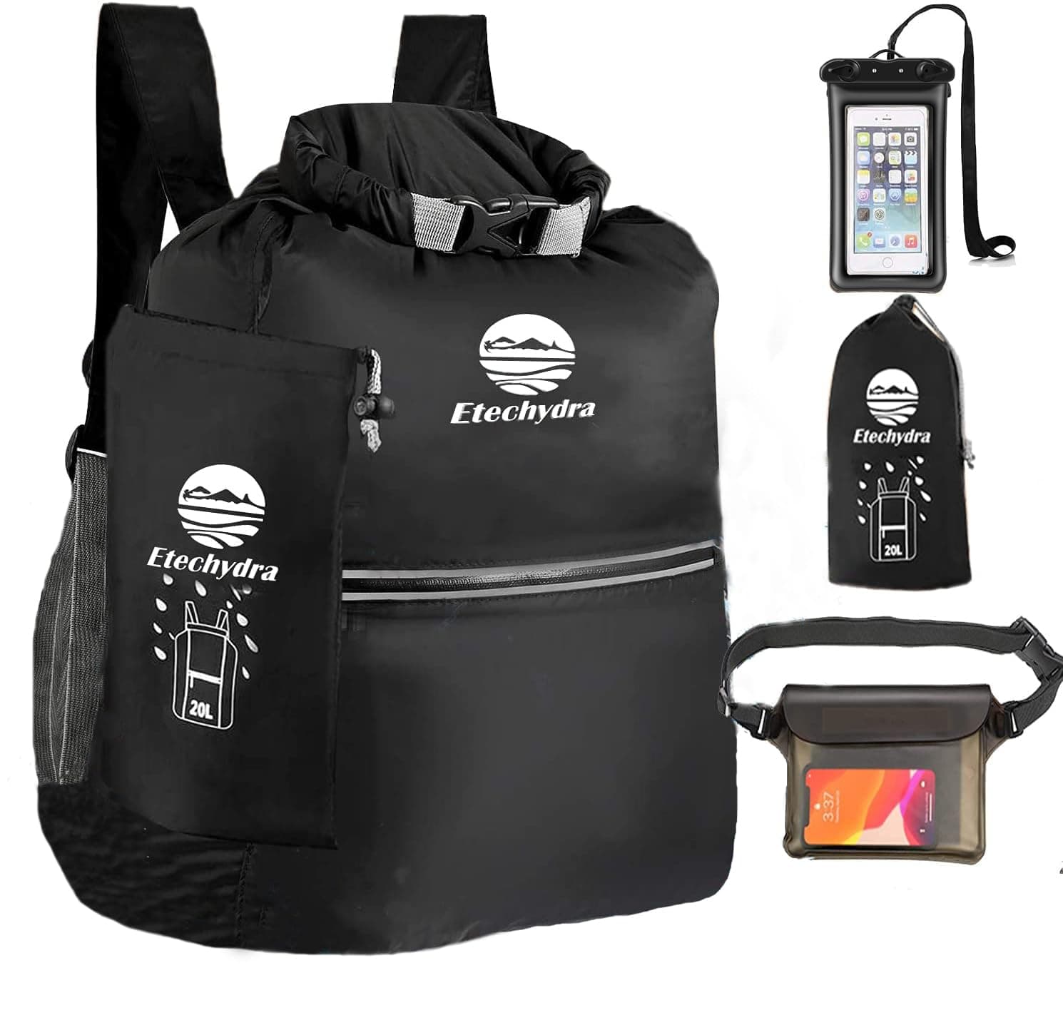 Etechydra Dry Bag Waterproof Backpack, Lightweight Floating Dry Sack Roll Dry Backpack with Phone Dry Bag & Bum Bag Backpacking for Beach, Swimming, Boating, Camping & Fishing, Black 20L