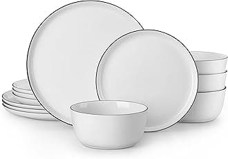 MALACASA 12 Piece Dinner Sets for 6 People, White and Black Rim Porcelain Crockery Set with Plates and Bowls, Premium Ceramic Dinnerware Sets, Microwave and Dishwasher Safe, Lexi Series