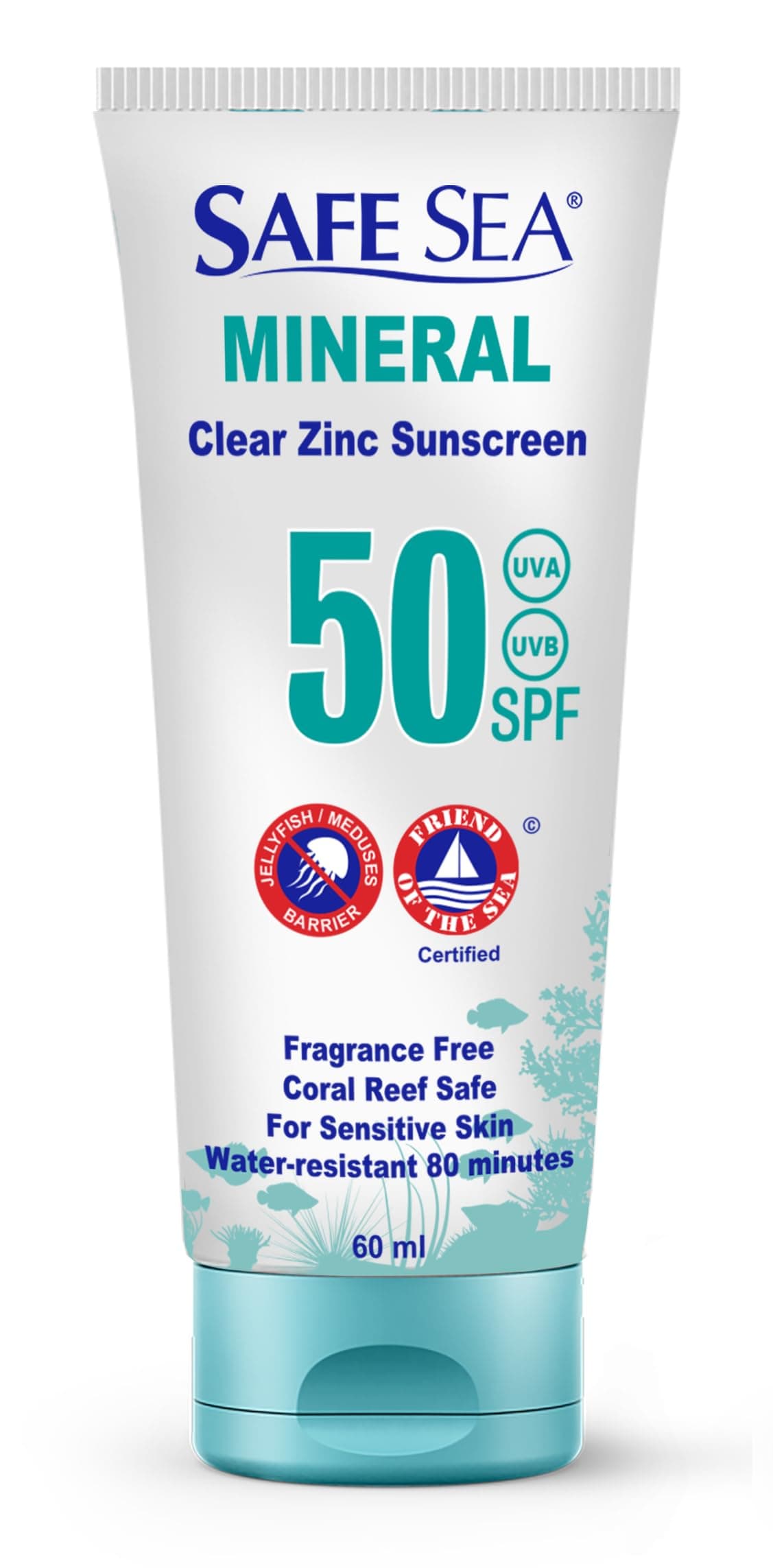 Zinc Oxide Sunscreen SPF50 | Clear Mineral Face Sunscreen | Anti-Jellyfish Sting Protective Lotion | Coral Reef Safe | Travel Size - 2Oz (60ml), Pack of 1