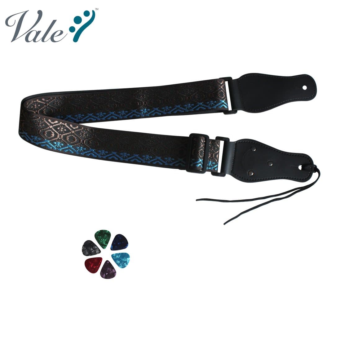 VALE Adjustable Jacquard Weave Guitar Strap with Leather Ends and Pick Holder for Electric Guitar/Acoustic Guitar, Gift Free Guitar Picks, Coffee and Blue