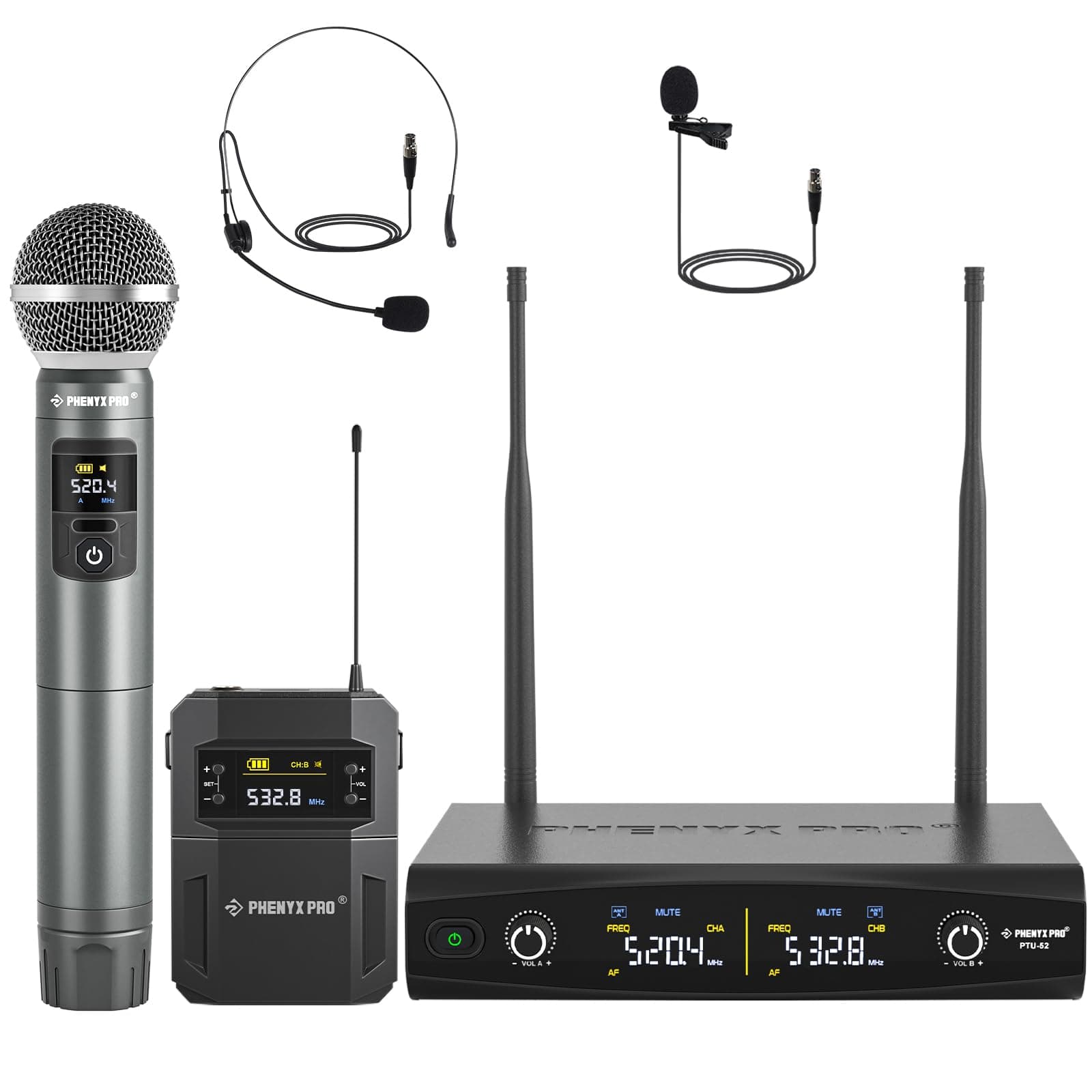 Wireless Microphone System,Metal Wireless Mic Set w/Handheld/Bodypack/Headset/Lapel Mics,2 x 30 UHF Frequencies, 200 ft Range, Cordless Mic for Singing, Karaoke, Church (PTU-52-1H1B)
