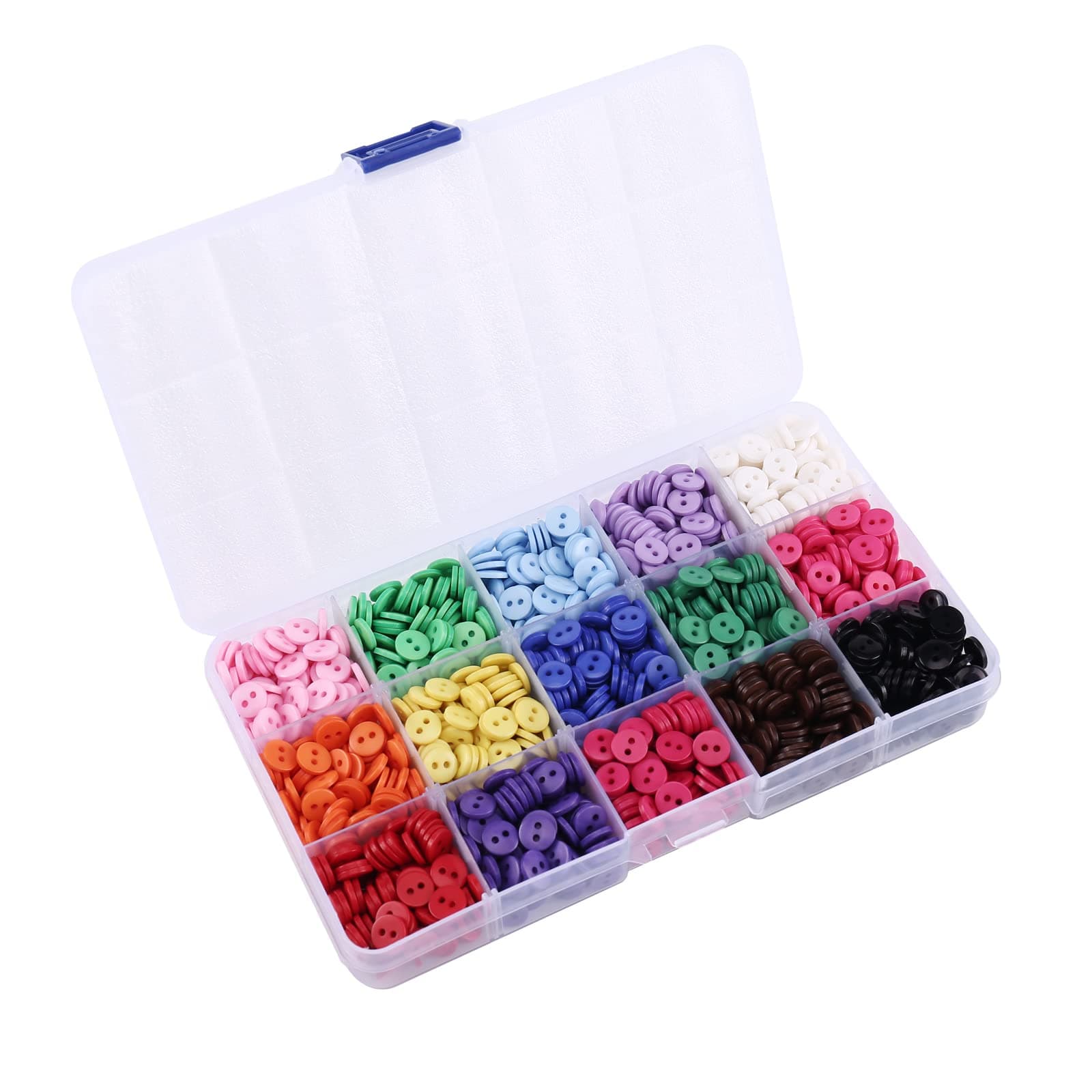 9mm 2 Hole Tiny Size Flatback Resin Color Sewing Buttons, 15 Colors Pack of 1500 with Box, The Surface is Smooth, Waterproof and Durable, for DIY Crafts Children's Manual Project.